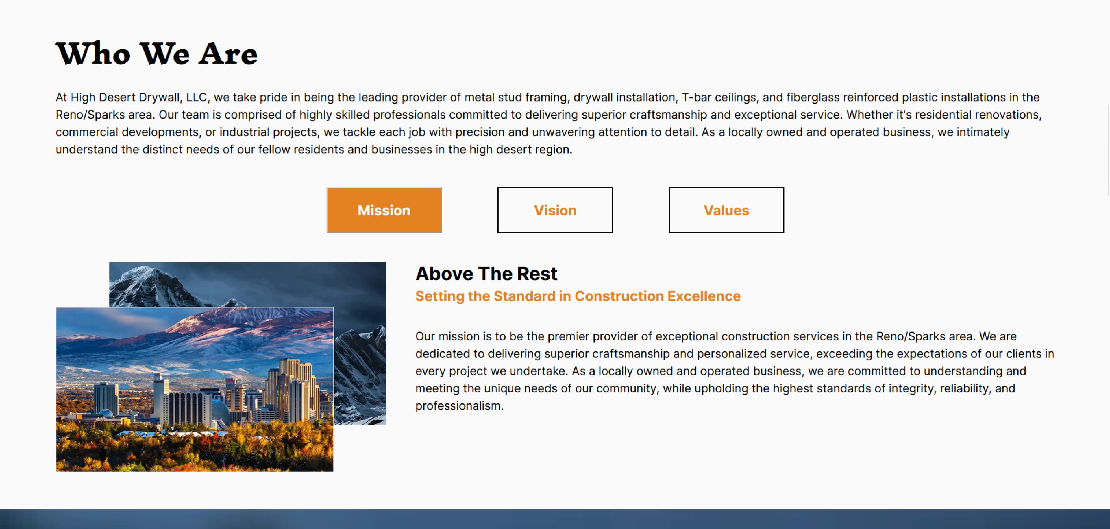 Who We Are section of High Desert Drywall website, featuring mission, vision, and values buttons, a cityscape image of Reno with mountains in the background, and a description of the company's commitment to construction excellence