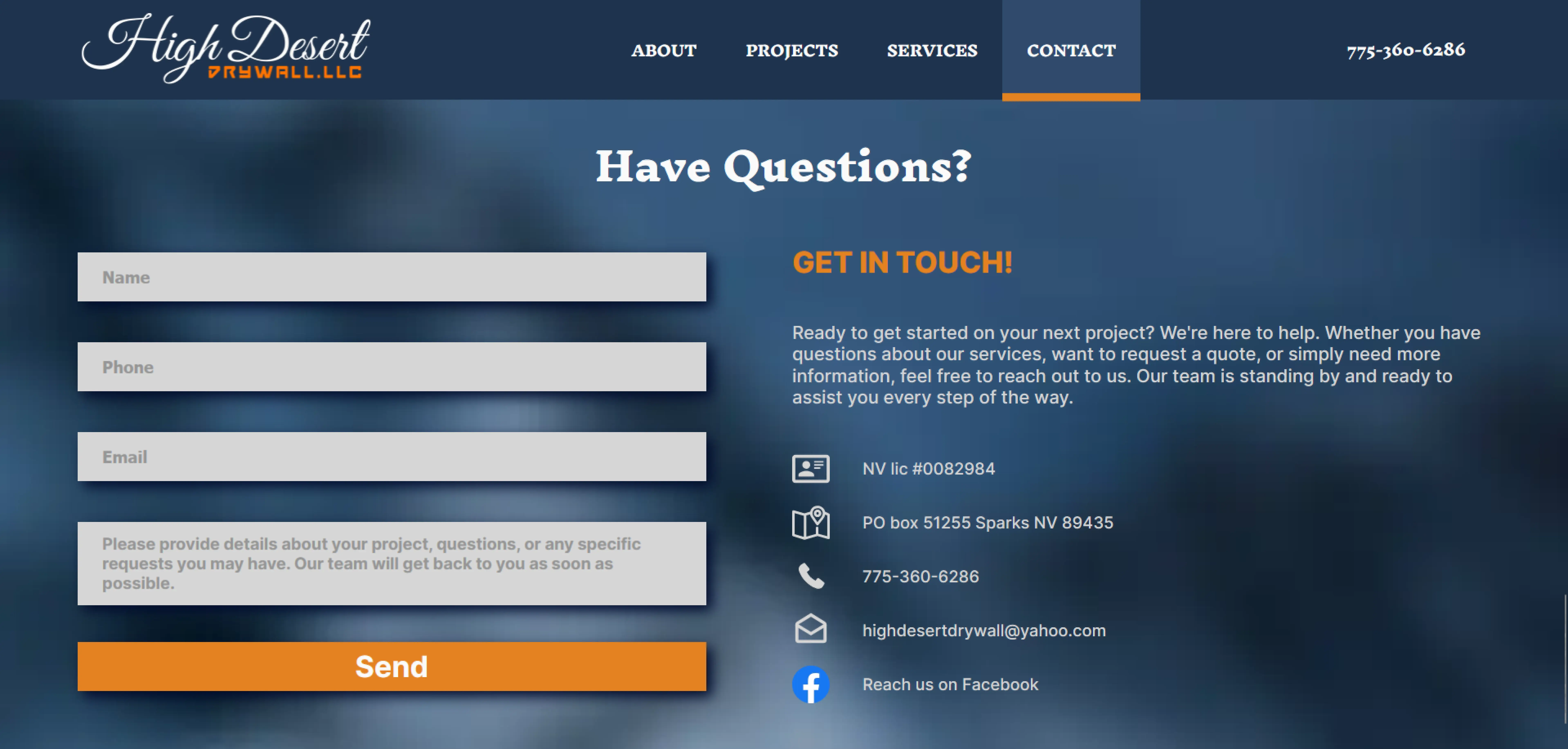 Contact section of High Desert Drywall website with a form asking for name, phone, email, and project details. Includes contact information such as a phone number, email address, mailing address, and a link to their Facebook page.
