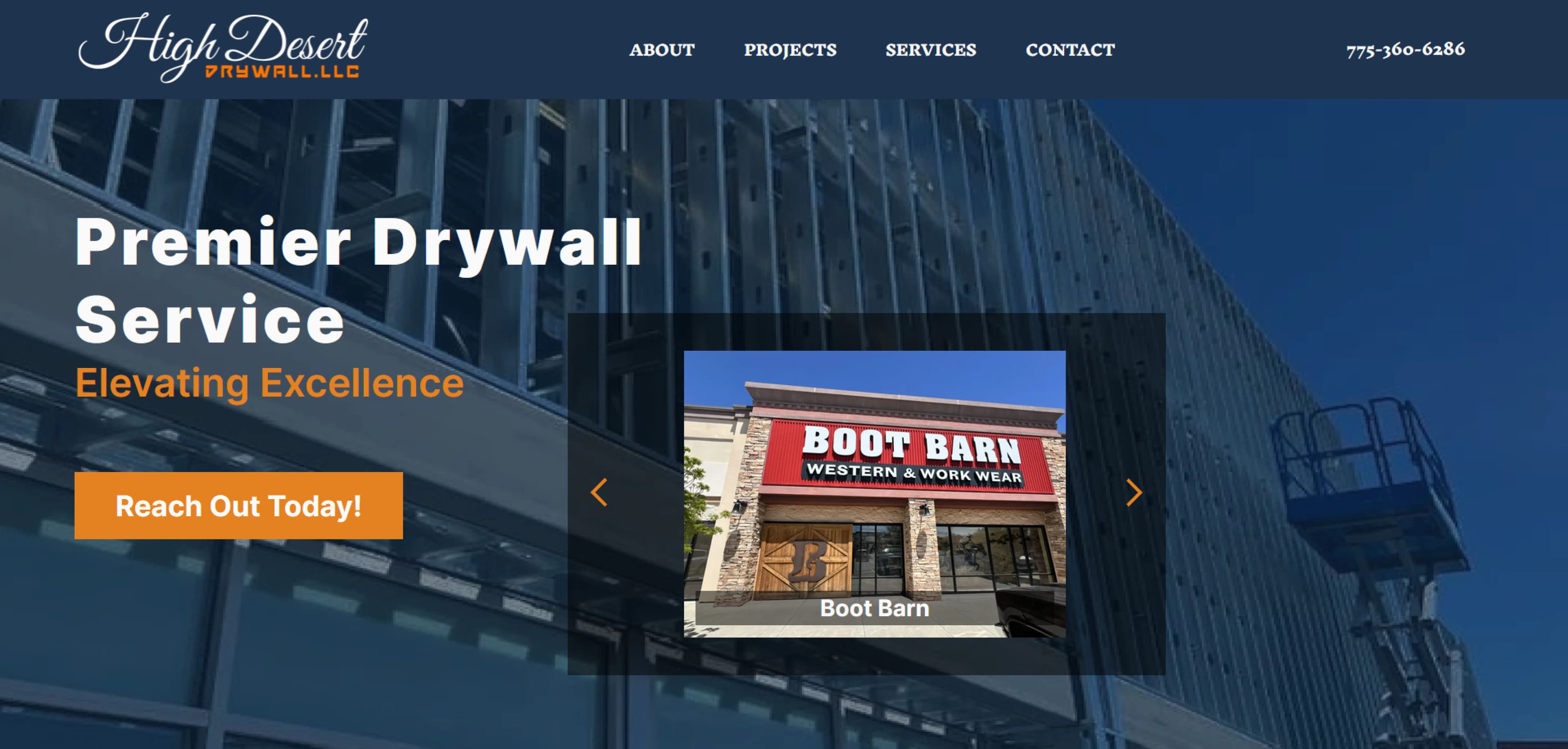 Homepage of High Desert Drywall featuring a hero image of a construction site, company logo, navigation bar, and carousel with a featured project, Boot Barn