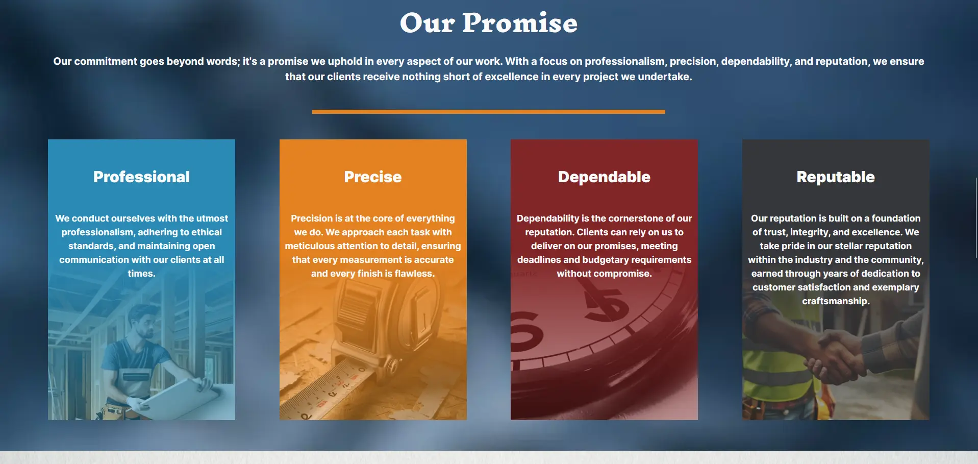 Our Promise section of High Desert Drywall website featuring four pillars: Professional, Precise, Dependable, and Reputable, each with a short description and background images of construction workers, a tape measure, a clock, and a handshake.