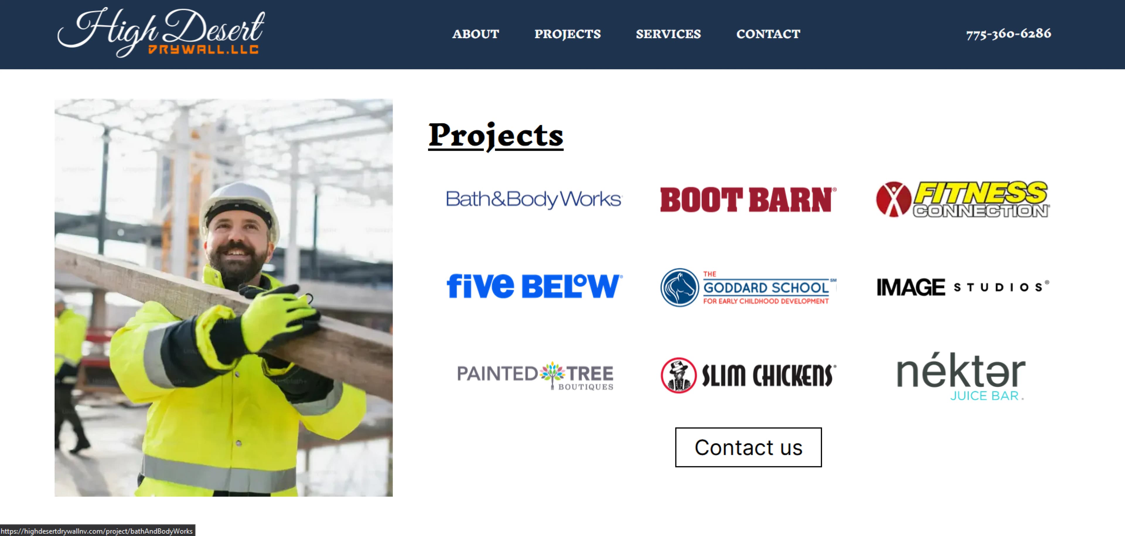 High Desert Drywall project portfolio showcasing logos of notable clients, including Bath & Body Works, Boot Barn, Fitness Connection, Five Below, and more. The image also features a construction worker in a neon jacket carrying a wooden bea