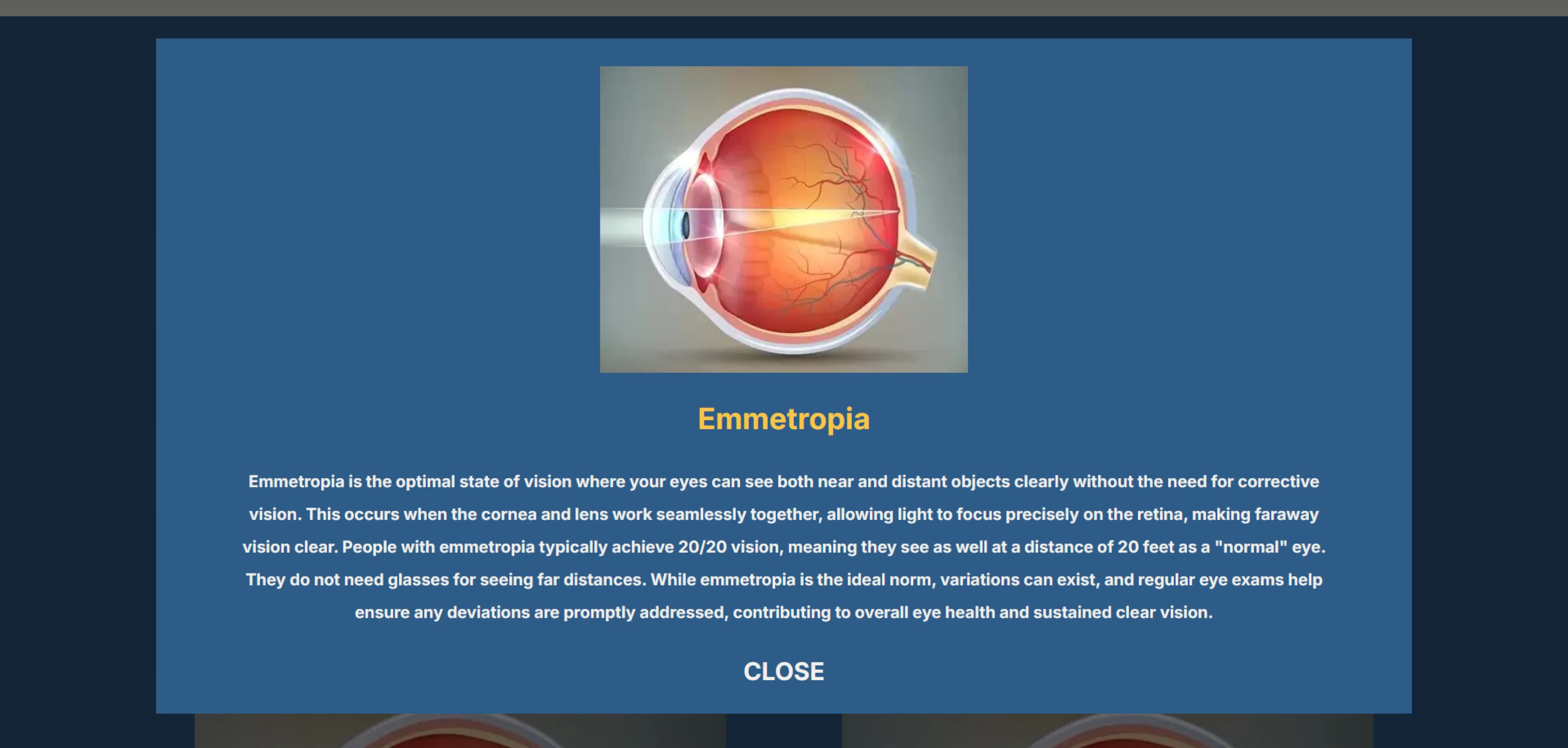 Modal window displaying an eye diagram representing emmetropia, the optimal state of vision where both near and distant objects are seen clearly without corrective lenses. Includes detailed information about how emmetropia results in 20/20 vision and the importance of regular eye exams to maintain healthy vision.