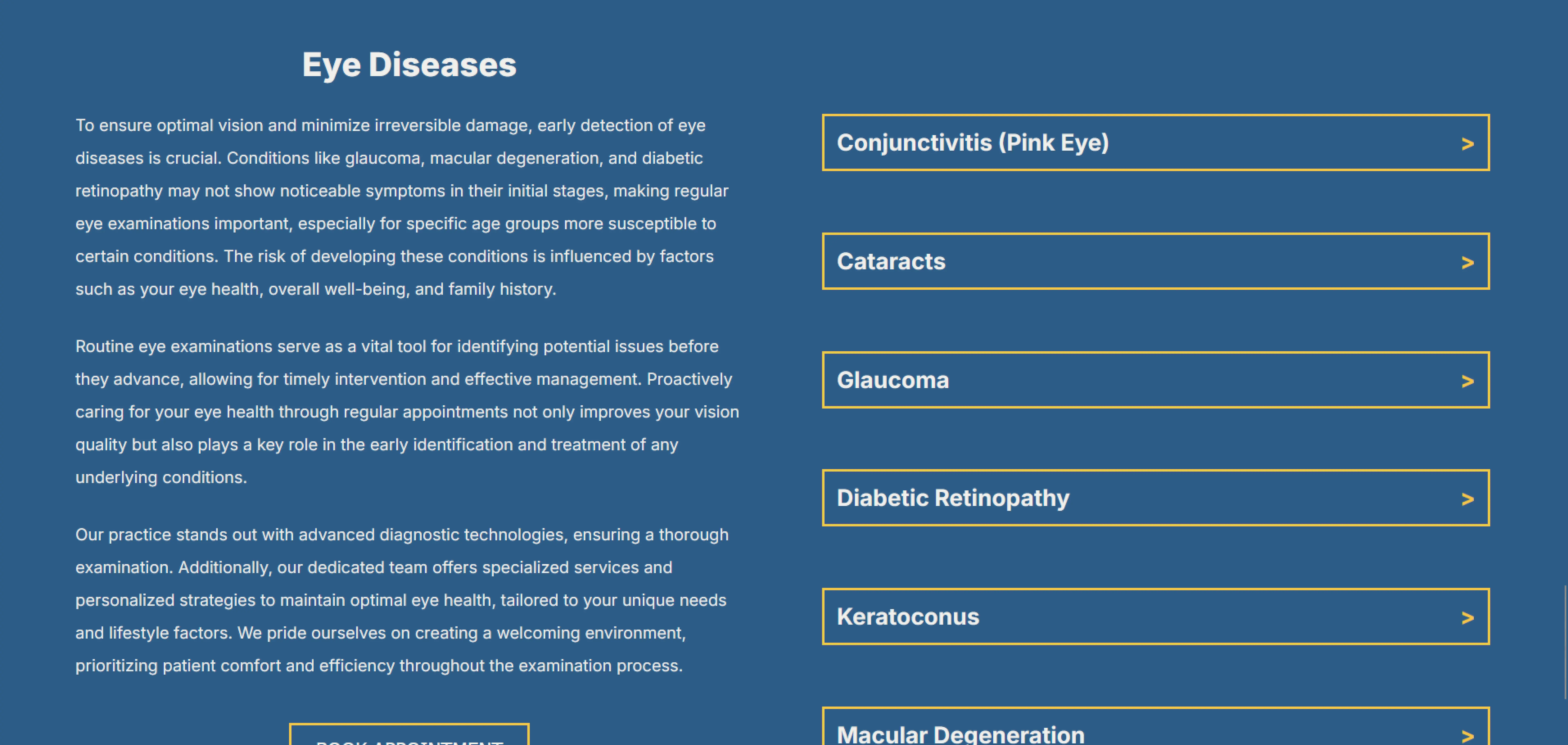 Eye diseases information section featuring dropdowns for various conditions, including conjunctivitis (pink eye), cataracts, glaucoma, diabetic retinopathy, keratoconus, and macular degeneration. Each dropdown provides details on symptoms, treatments, and the importance of early detection through routine eye exams.