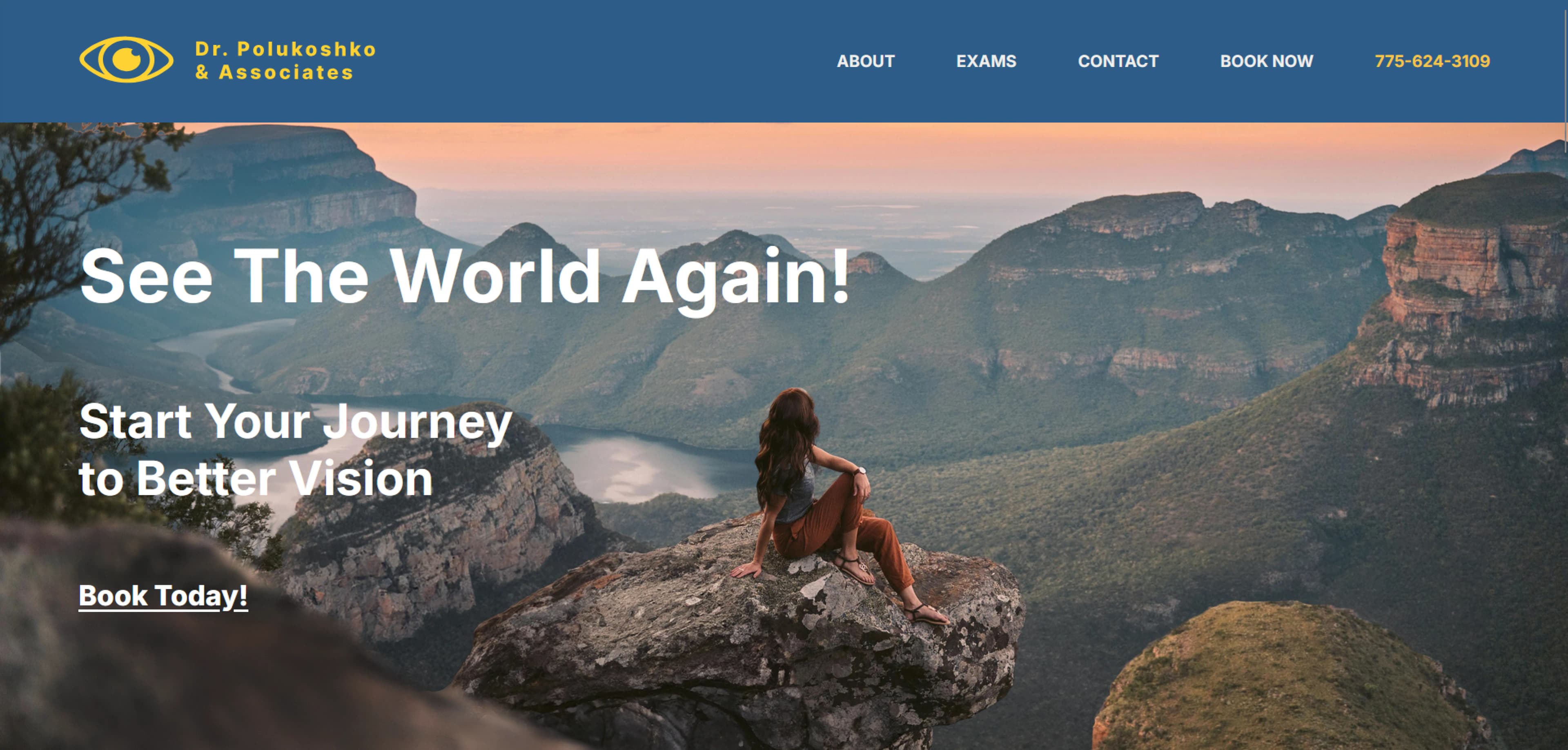 Hero image for Dr. Polukoshko & Associates optometry website featuring a woman sitting on a mountaintop overlooking a scenic valley with the text 'See The World Again!' and 'Start Your Journey to Better Vision.