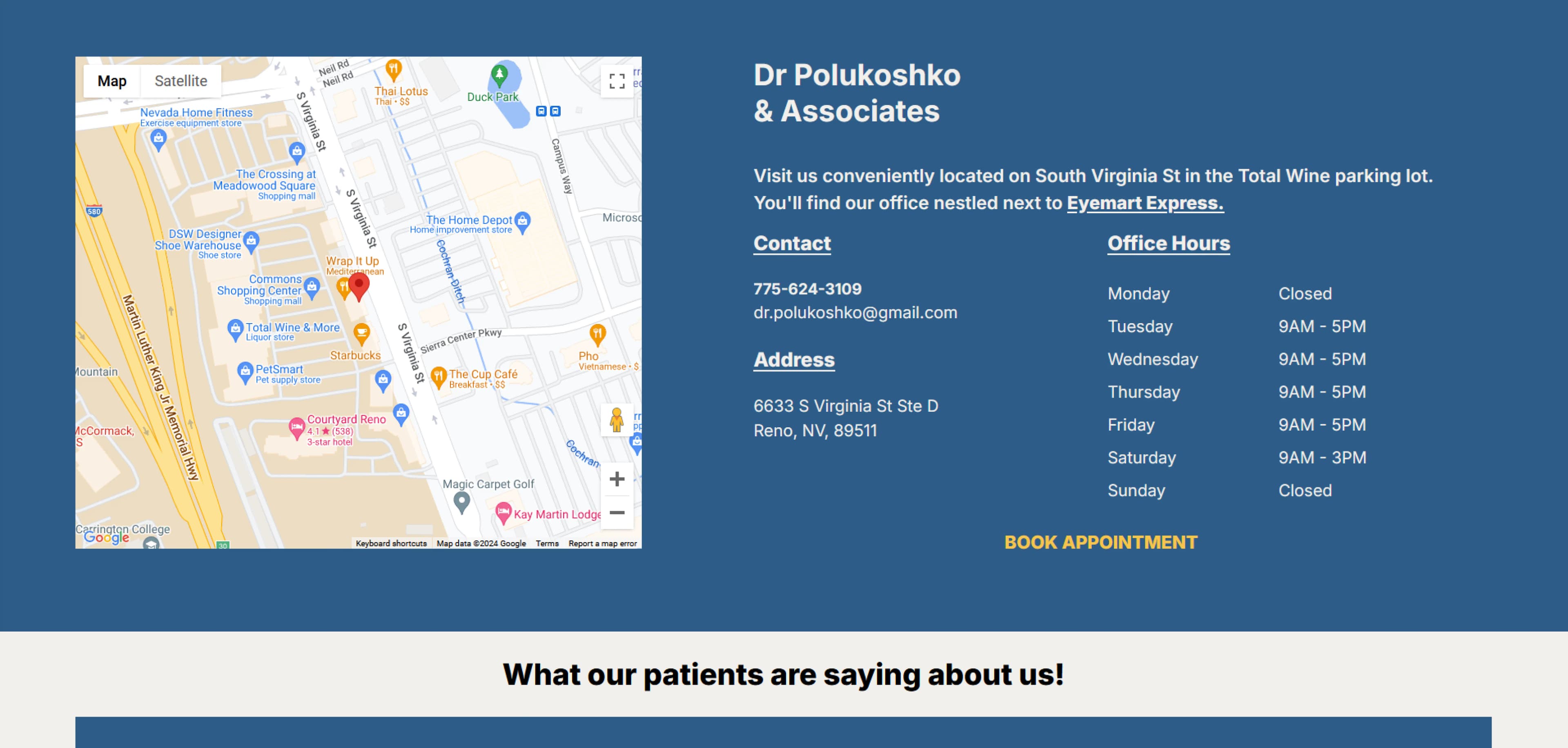 Contact section for Dr. Polukoshko & Associates, featuring a Google map of the office location on South Virginia St in Reno, NV, near Eyemart Express. The section includes contact details, office hours, and a 'Book Appointment' button.