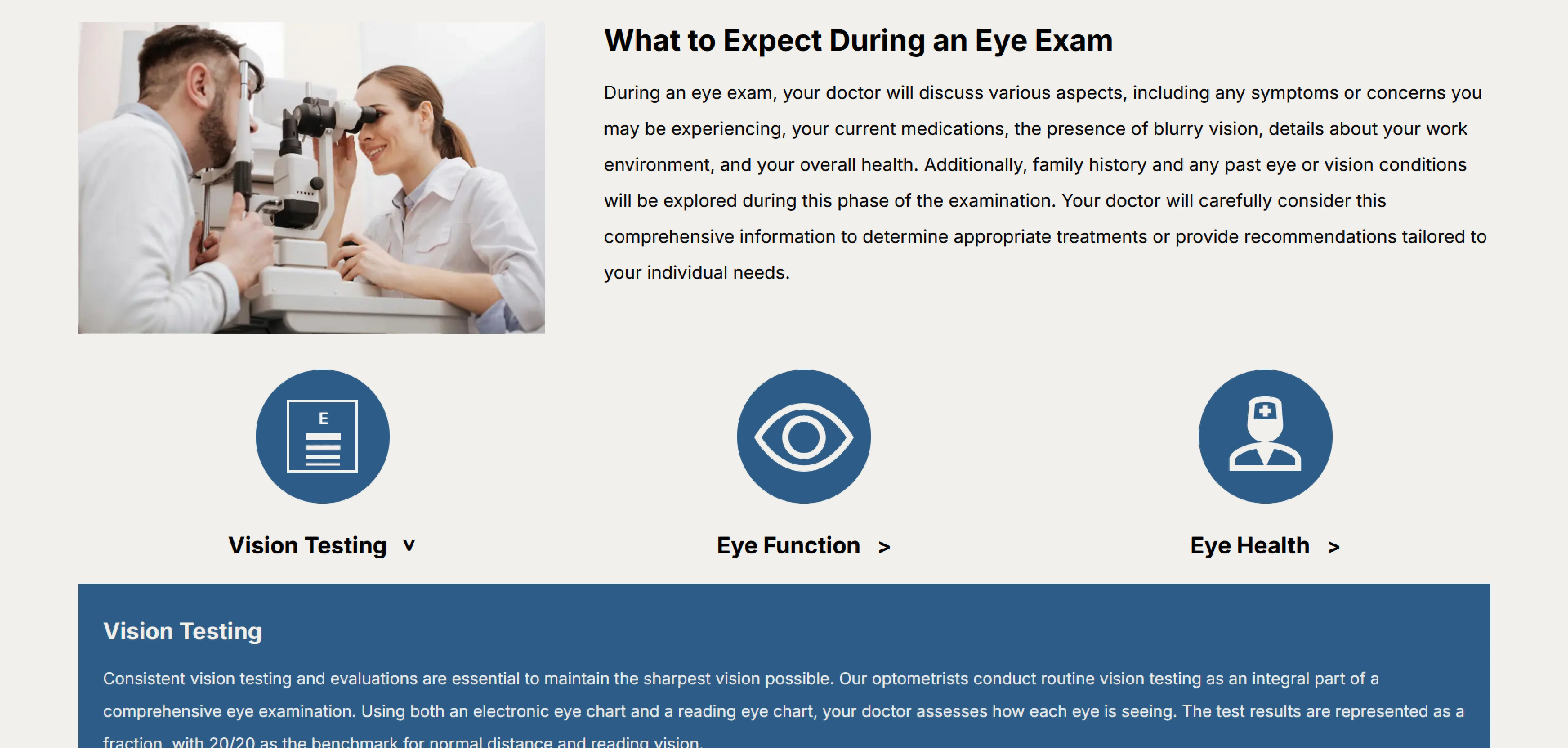 Patient receiving an eye exam from an optometrist using specialized equipment. The text explains what to expect during an eye exam, including discussions about vision symptoms, medications, work environment, and overall health. Below, icons represent Vision Testing, Eye Function, and Eye Health services.