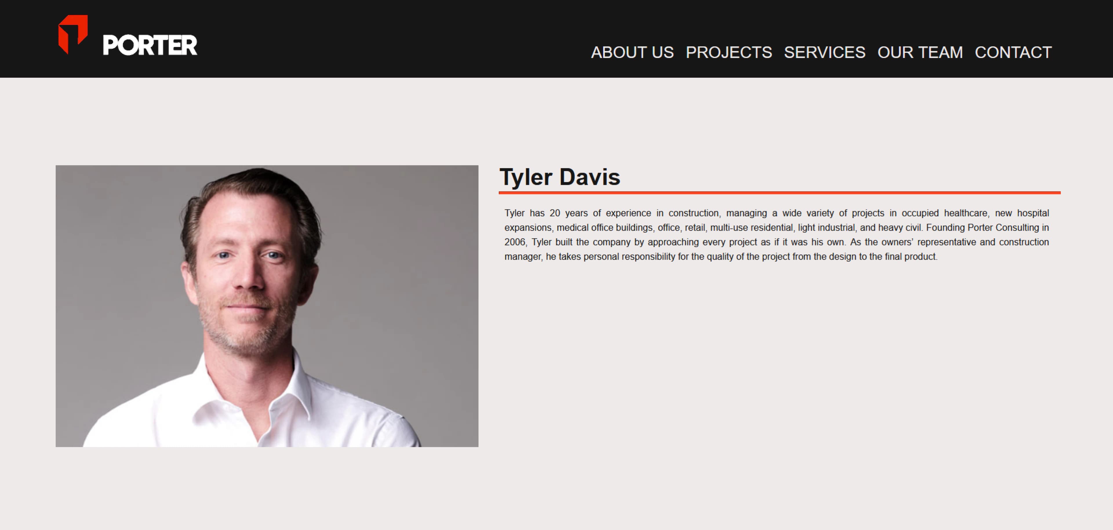 Profile of Tyler Davis, founder of Porter Consulting, with over 20 years of experience in construction across healthcare, retail, residential, and industrial projects. The image shows Tyler in a white shirt, alongside a bio detailing his role as a project manager and owner’s representative.