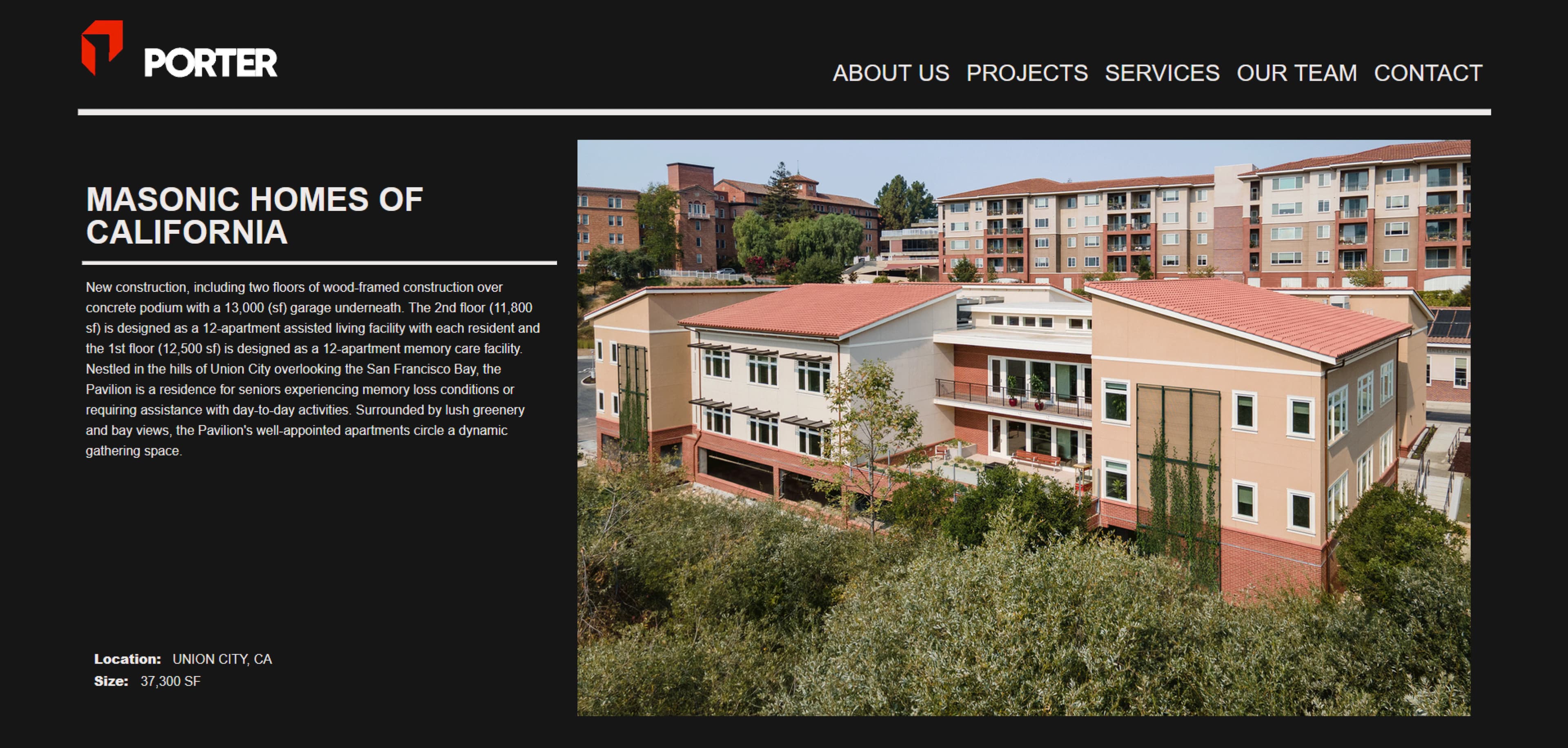 Porter LLC project page showcasing Masonic Homes of California, a 37,300 square foot assisted living and memory care facility in Union City, CA. The image features the modern building surrounded by greenery, with a detailed description of its construction and purpose.