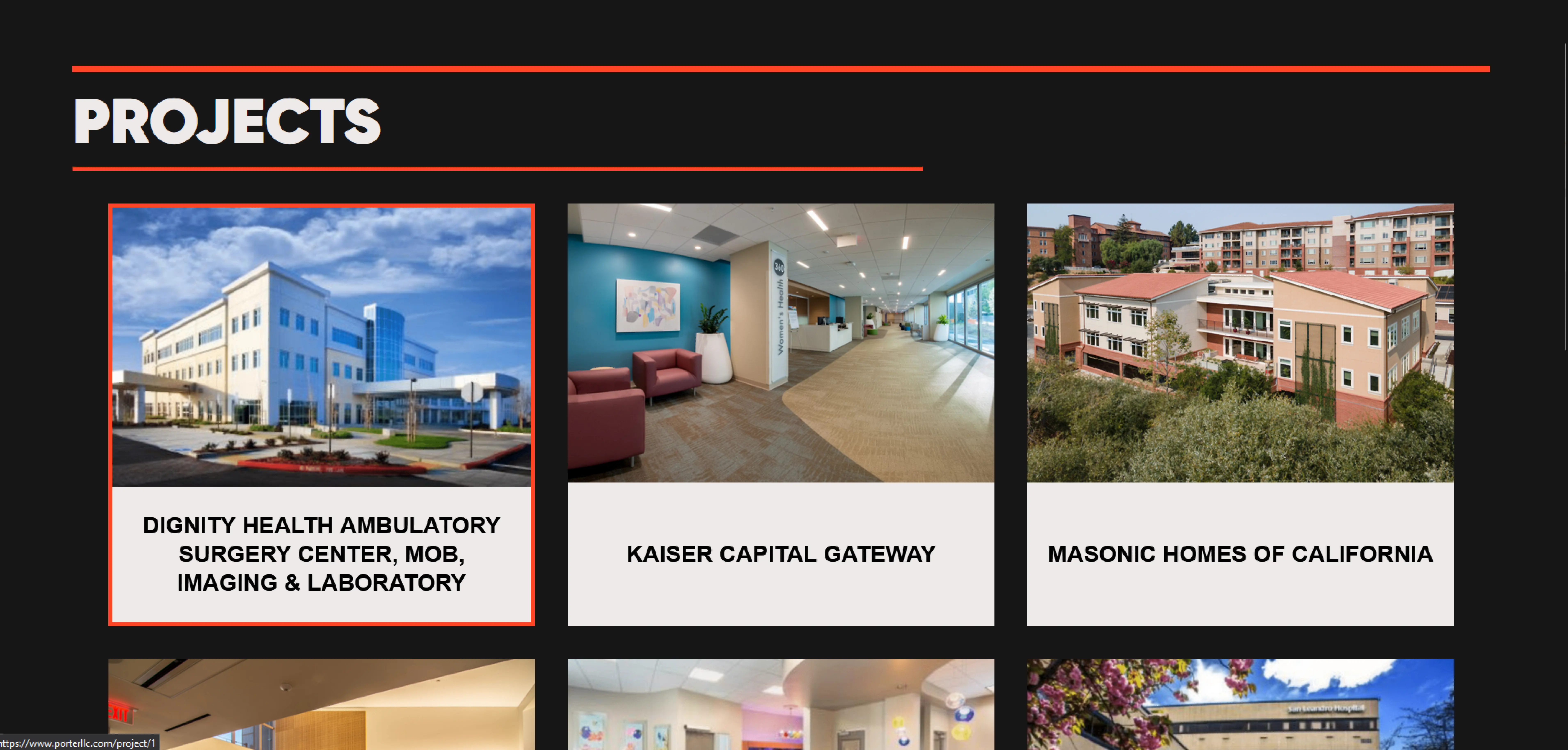 Projects section on the Porter LLC website showcasing featured projects including Dignity Health Ambulatory Surgery Center, Kaiser Capital Gateway, and Masonic Homes of California, with images of the respective buildings. Each project links to detailed views.