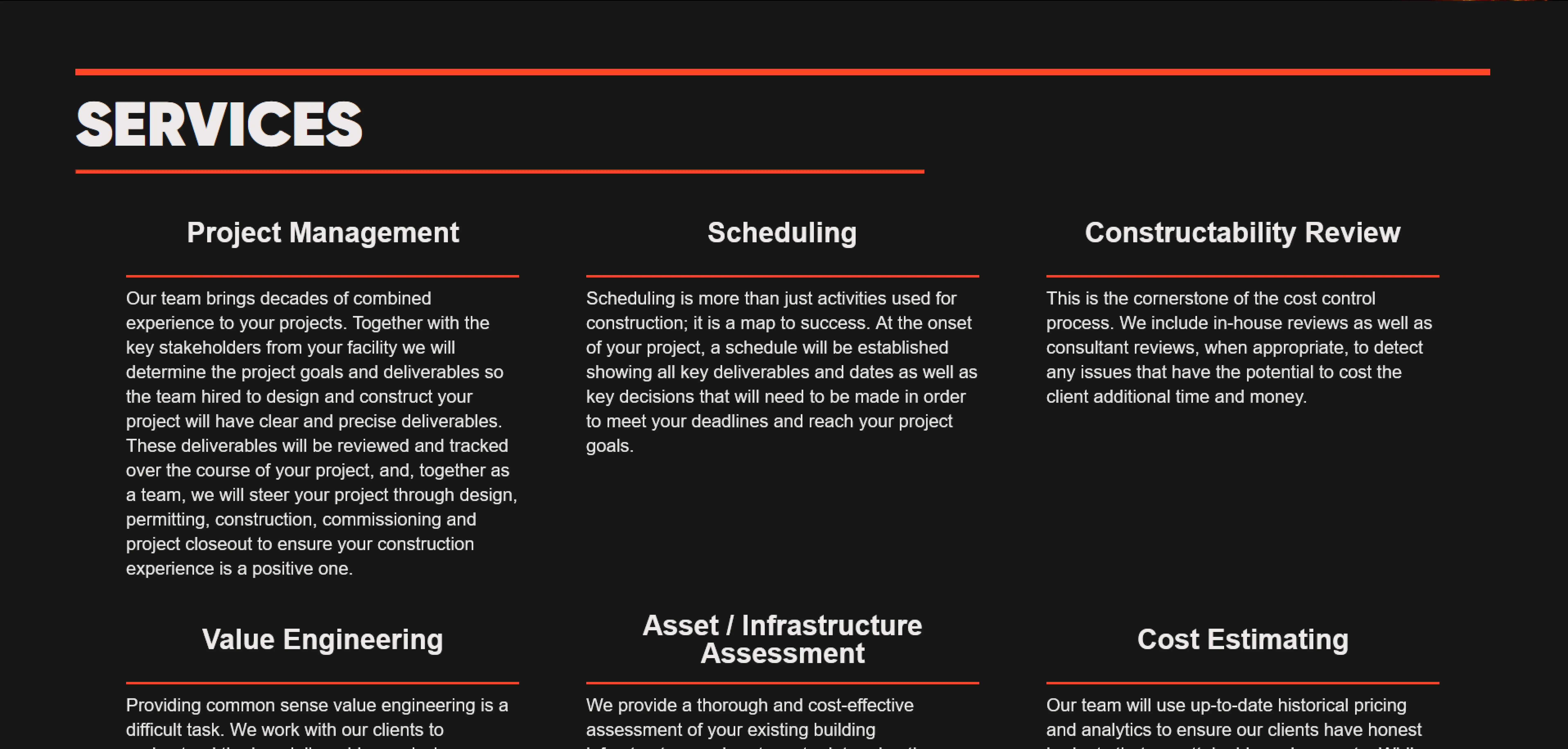 Porter LLC services section featuring descriptions of key offerings including Project Management, Scheduling, Constructability Review, Value Engineering, Asset/Infrastructure Assessment, and Cost Estimating.